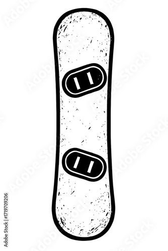 Grungy black and white snowboard vector illustration with distressed textures and classic binding outlines, ideal for winter sports enthusiasts, extreme adventure branding, ski resort iconography, and
