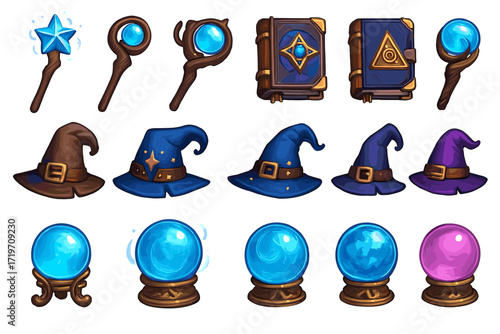 Magic wands, spell books, wizard hats, and crystal balls fantasy icons