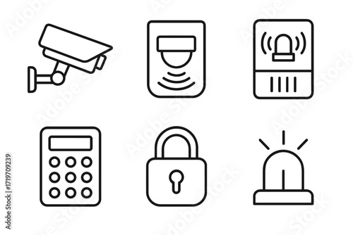 Security system icons: cctv, motion detector, alarm, keypad, lock, siren