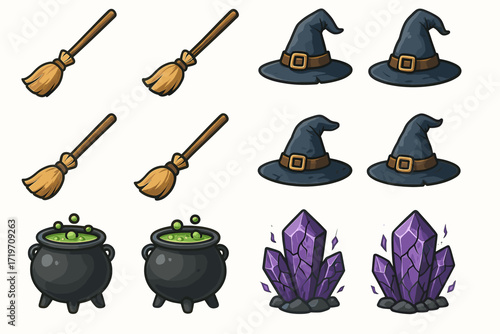Witchcraft essentials: broomsticks, hats, cauldrons, and crystals illustration