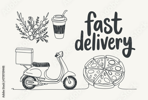 Fast Delivery Service Featuring a Scooter, Pizza, and Beverage Elements in a Minimalistic Hand-Drawn Style, Capturing the Essence of Quick Concessions
