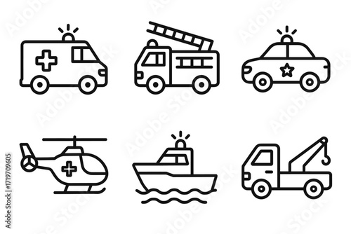 Emergency vehicle icon set featuring ambulance, fire truck, police car, helicopter, boat, tow truck