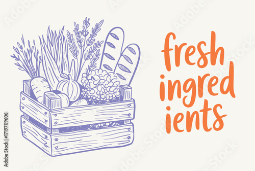 A Colorful Display of Fresh Ingredients Featuring a Wooden Basket Filled with Various Fruits, Vegetables, and Artisan Bread, Perfect for Culinary Creations