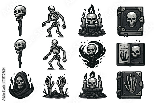 Skull and skeleton icon set featuring grim reaper and gothic elements