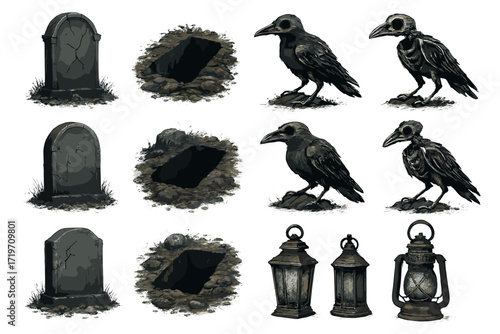 Gravestones, open graves, crows, skeletons, and lanterns collection