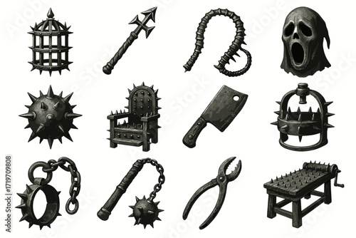 Collection of medieval torture devices and weapons