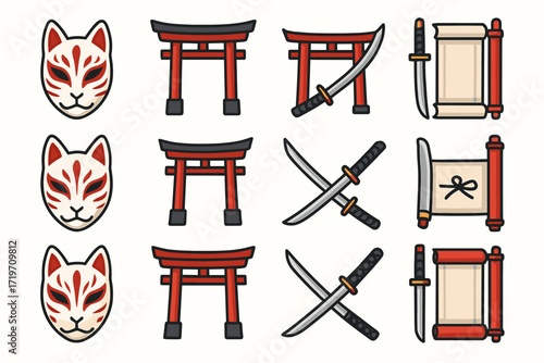 Traditional japanese symbols: kitsune masks, torii gates, katanas, and scrolls