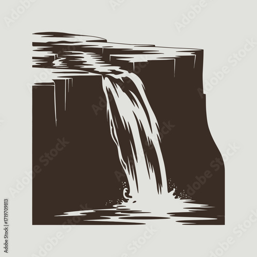 Dramatic waterfall illustration cascading over a cliff edge creating a splash in muted tones for design elements