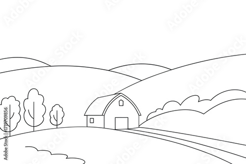 Simple sketch of a barn and rolling hills in a rural landscape