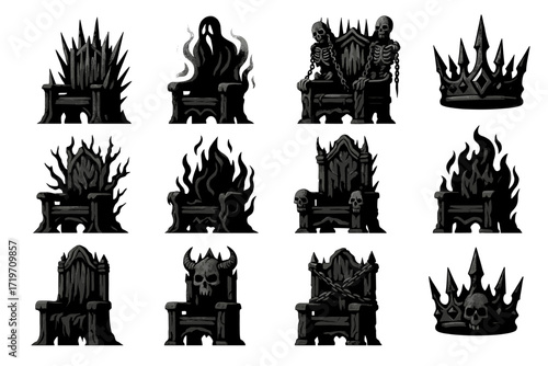 Gothic thrones and crowns - skeletons, flames, and spikes in dark fantasy design