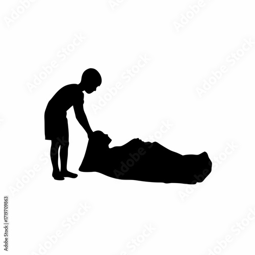 Silhouette of a boy tucking a blanket around his mother isolated on white background