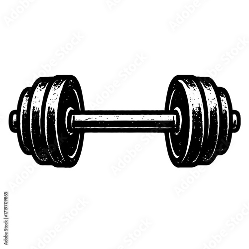 High-contrast black and white illustration of a classic barbell with multiple circular weight plates on each end, perfect for heavy lifting, strength training, and full-body workouts in a gym or home