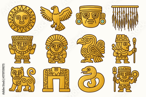 Gold inca symbols collection featuring sun, animals, and ancient figures