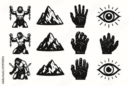 Mythical warriors and symbols: chains, mountains, hands, eyes