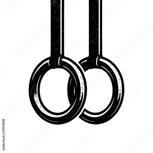 Iconic vintage style black and white illustration of two classic gymnastic rings hanging, essential for athletic fitness, CrossFit, bodyweight strength training, and calisthenics workout equipment des