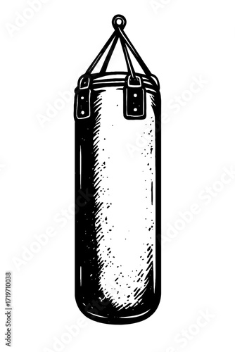 Vintage Black & White Sketch of a Classic Heavy Bag for Boxing and Martial Arts Training, Ideal for Fitness Enthusiasts and Gym Workouts, Hand-Drawn Illustration Capturing Retro Combat Sports Equipmen