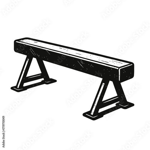 Classic Engraved Black and White Gymnastics Balance Beam Illustration. Ideal Low-Level Training Equipment for Developing Balance, Strength & Coordination. Perfect for Practice, Home Gyms, Athletes, Gy