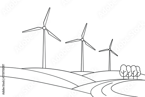 Sketch of wind turbines on a rolling hillside with a winding road