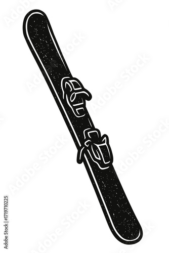 Monochromatic Textured Alpine Ski with Bindings Illustration. Dynamic Black & White Woodcut Style Graphic for Winter Sports Enthusiasts & Outdoor Adventure Branding, Featuring Distressed Grunge Art fo
