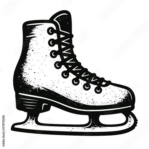 Black and white illustration of a vintage ice skate. Ideal for winter sports, holiday designs, and graphic art. Adds nostalgic charm to branding, greeting cards, and digital media. Perfect for diverse