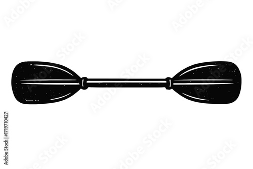 High-quality vector illustration of a classic double-bladed kayak paddle, essential equipment for kayaking, canoeing, and various water sports, rendered in a striking black and white grunge style, per