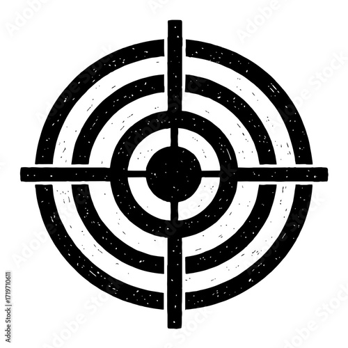 Distressed Black and White Bullseye Target with Crosshairs Icon - Grungy Hand-Drawn Aiming Mark for Shooting Sports, Business Goals, Precision, and Focus Concepts - Textured Vector Illustration for De