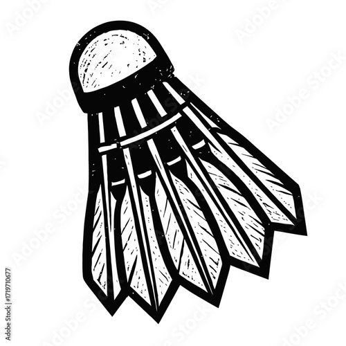 Dynamic Black & White Shuttlecock Woodcut Illustration. Perfect for Badminton Designs, Retro Sports Graphics, & Vintage Game Art. This Textured Hand-Drawn Birdie Graphic Symbolizes Play, Competition,