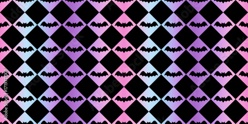 Seamless Halloween diamond pattern with black bats on a pastel gradient background of pink, purple, and blue. For spooky textiles, wrapping paper, party decor, and scrapbooking. Pastel Goth.