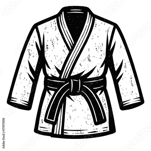 Distressed Black and White Martial Arts Gi with Black Belt Vector Illustration: Traditional Combat Sport Uniform for Karate, Judo, Taekwondo Training Apparel Design Element, Perfect for Dojo Logos, Fi