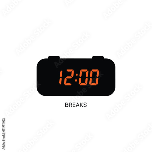 Vector art of digital clock showing 1200 with the word breaks