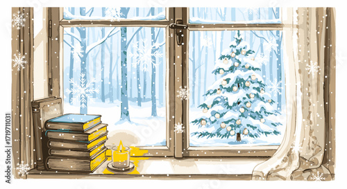 Cozy Winter Scene A Festive Christmas Tree, Snowfall, and Comforting Books by the Window