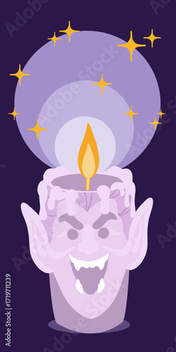 Decorative candle with glowing Dracula head on dark purple background. Great for Halloween posters, flyers, invitations, cards, and party promos.