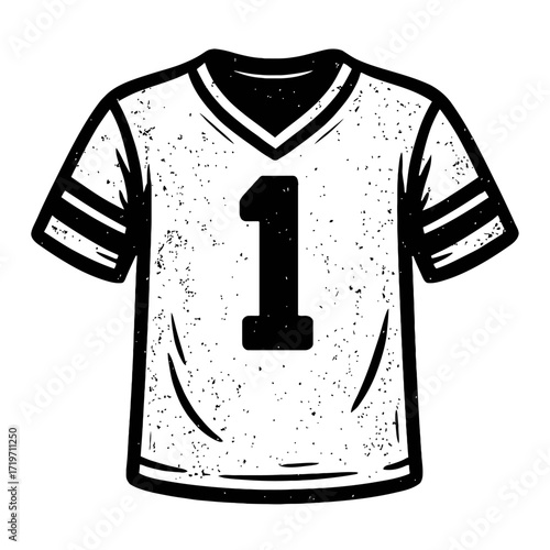 A vintage-style distressed black and white graphic illustration of a classic American football or baseball sports jersey with the bold number one (1) on the front, featuring striped sleeves and a V-ne