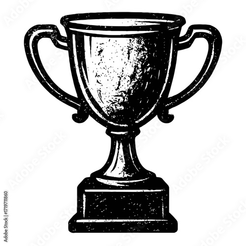 Vintage Engraved Trophy Cup Illustration: A Classic Symbol of Achievement, Victory, and Success. Perfect for Awards, Sports, Competitions, and Celebrations. Black & White Retro Design with Distressed
