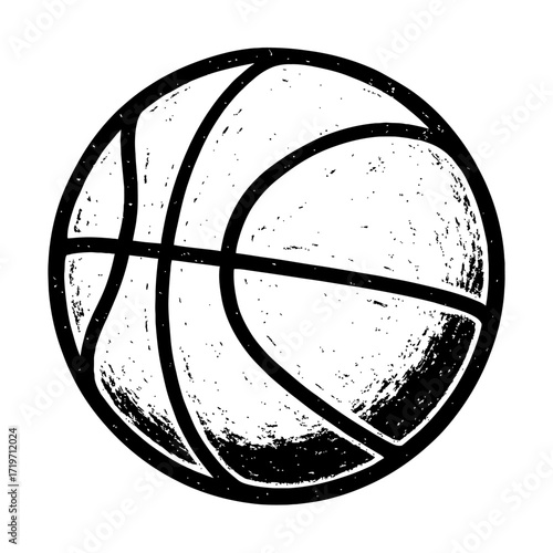 Classic distressed black and white basketball illustration featuring a unique speckled texture, perfect for sports-themed graphic design, vintage athletic apparel, retro logos, digital art, and modern