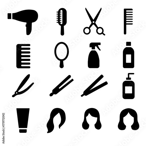 An illustration depicting a set of black icons of hairdressing services of a beauty salon, on a white background