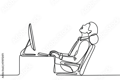 Woman looking up from computer in office chair