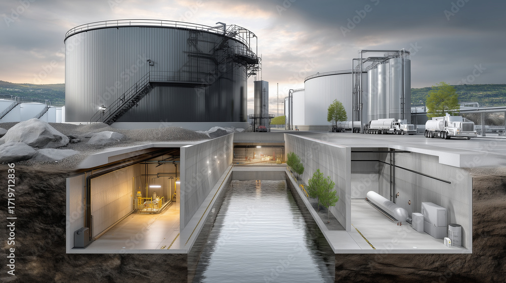 Obraz premium Creative concept: split view between above-ground tanks and underground disposal chambers.