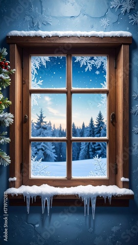 Winter wonderland view through a rustic window frame covered with snow
