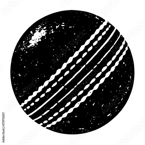 Monochrome cricket ball vector art. High-contrast black and white, with classic seam stitching. Distressed, grunge sports equipment graphic; an iconic symbol of cricket heritage. SEO-friendly athletic