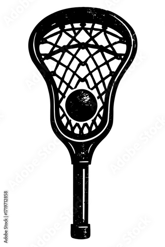 Striking black silhouette illustration of a classic lacrosse stick with a perfectly captured ball nestled within its intricate netting, symbolizing athletic prowess, competitive spirit, and the exciti
