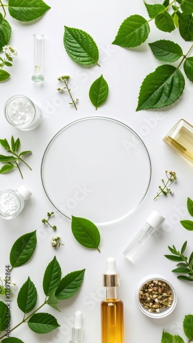 Botanical science composition with green leaves and cosmetic bottles