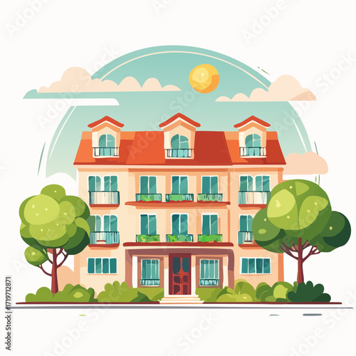 Three Story Building with Orange Roof and Lush Green Trees