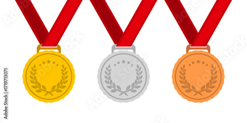 Gold, silver, and bronze medals with laurel wreaths and stars on red ribbons — symbols of victory, achievement, and competitive excellence.