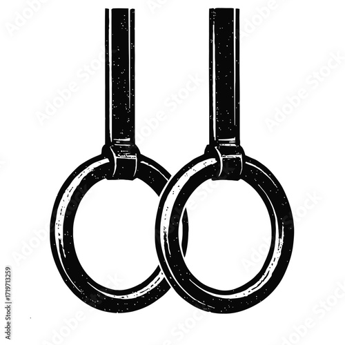 Stark black and white illustration depicting a classic pair of robust gymnastic rings with their strong suspension straps, symbolizing power, dedication, and advanced bodyweight training for athletes,