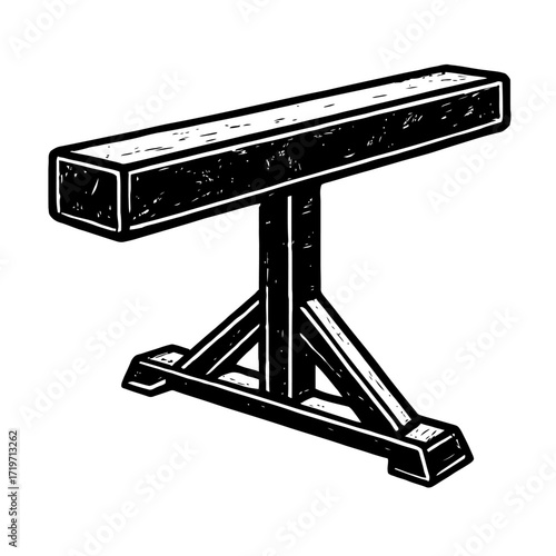 Vintage Black and White Woodcut Gymnastics Balance Beam Illustration. Classic athletic training equipment in bold, high-contrast linocut style. For sports, fitness, gym decor, retro design, and timele