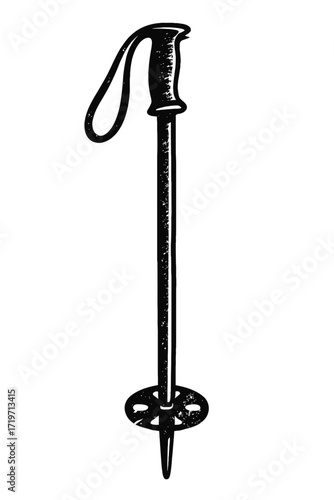 A black and white, vintage-style illustration of a ski pole, complete with an ergonomic handle, wrist strap, main shaft, snow basket, and a pointed tip, representing classic alpine skiing equipment fo