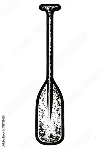 Striking vector illustration of a classic T-grip single-bladed canoe paddle, showcasing a rustic, distressed, grunge-like texture in a monochrome, hand-drawn style, ideal for outdoor adventure, water