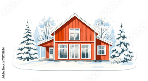 Winter scene of a red house with snow-covered trees and a serene landscape viewed from the front