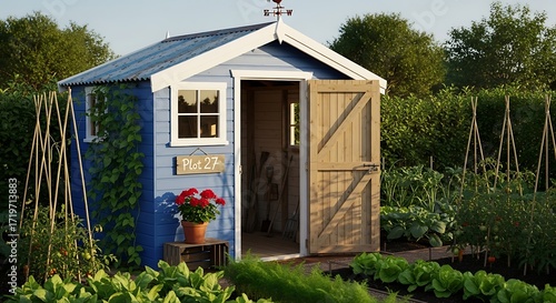 Quaint garden shed with open wooden door surrounded by lush greenery and vegetable plots in the countryside